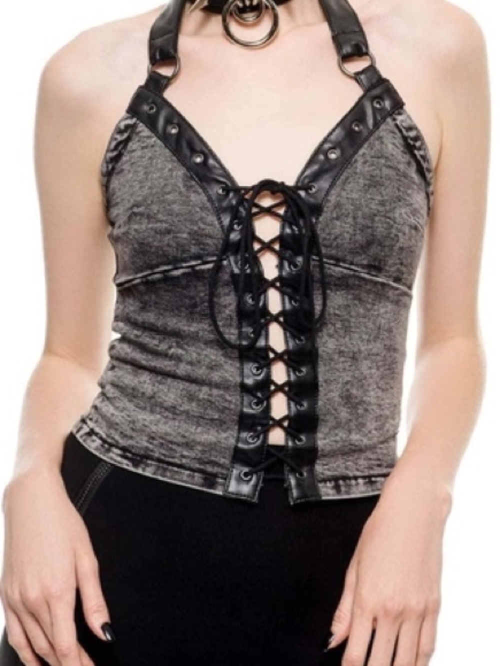 Killstar Washed Black-Grey Lace-Up Halter Camisole Goth Punk Halloween